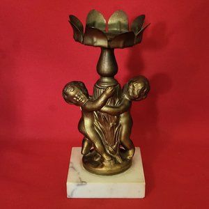 Vintage Cherub Angels Gold Toned Brass Candle Holders Italy Marble Base